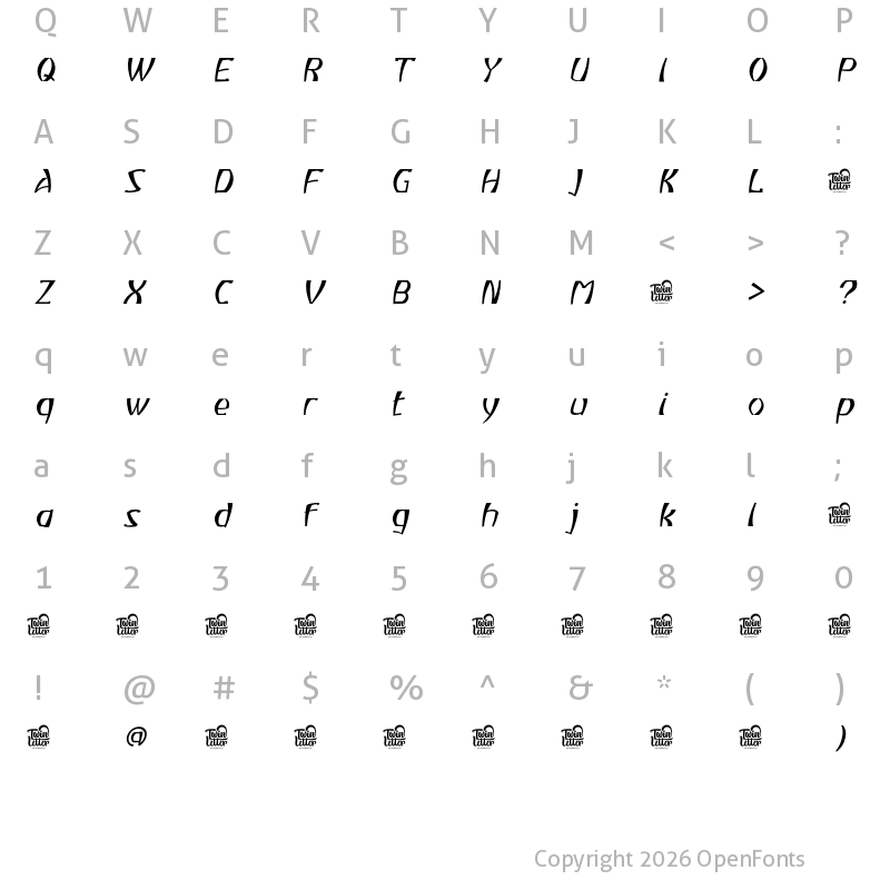 Character Map of Atiku personal use Thin Slanted