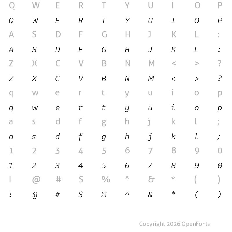 Character Map of Attribute Text Light Italic