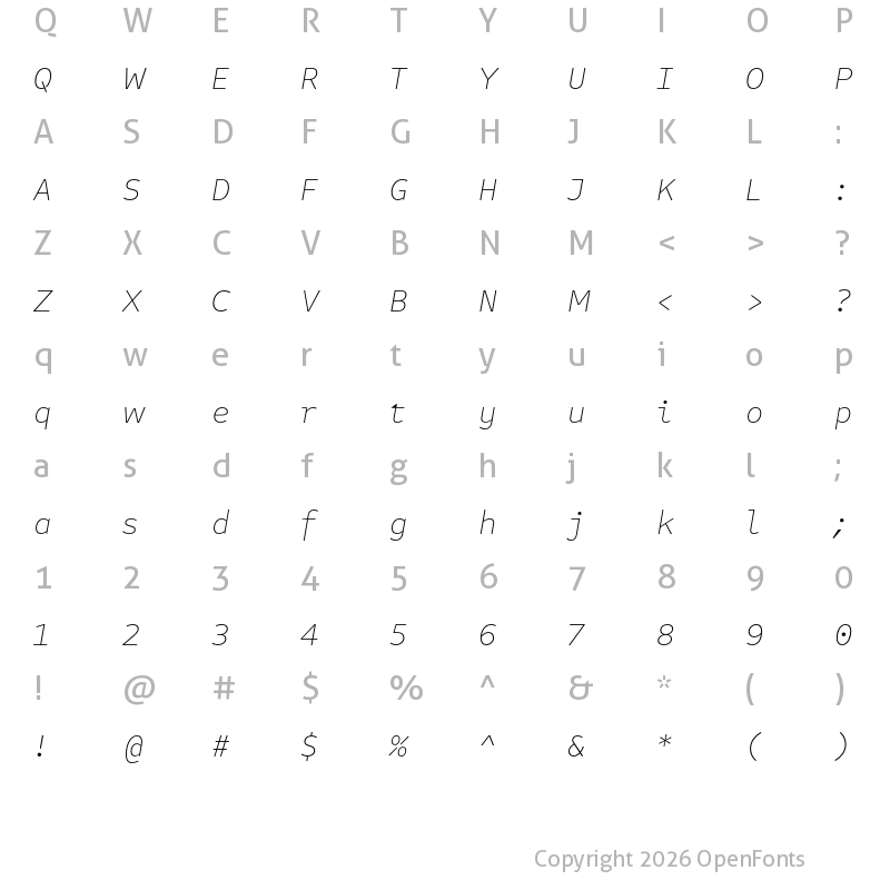 Character Map of Attribute Text Thin Italic