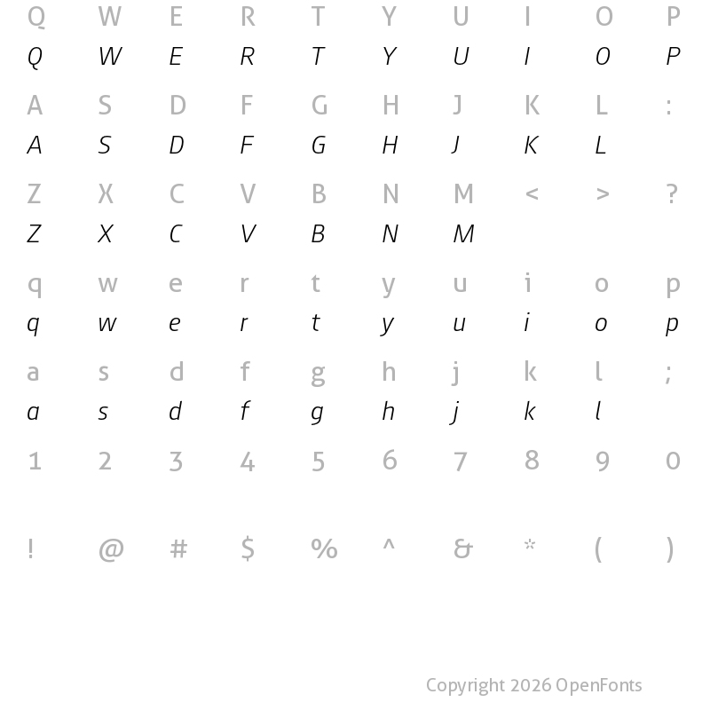 Character Map of August Sans Reduced 46 Light Italic