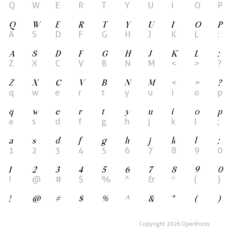 Character Map of Aurallia Italic Regular