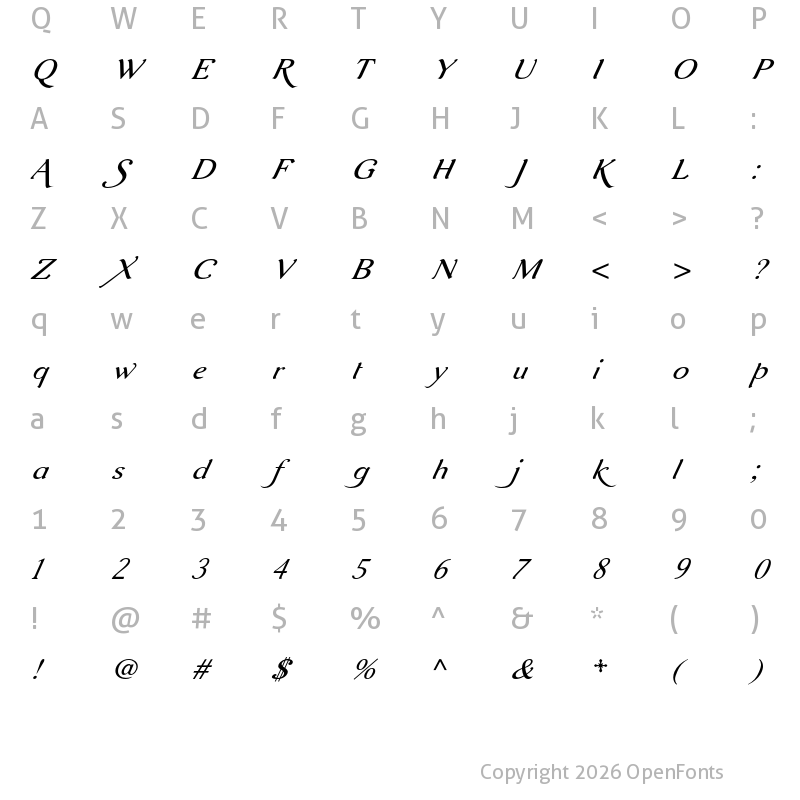 Character Map of Aurelis ADF Script No2 Std Italic
