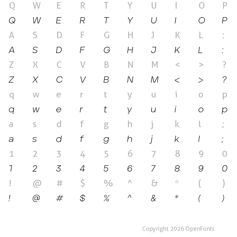 Character Map of Aventa Personal Use Only Light Itallic