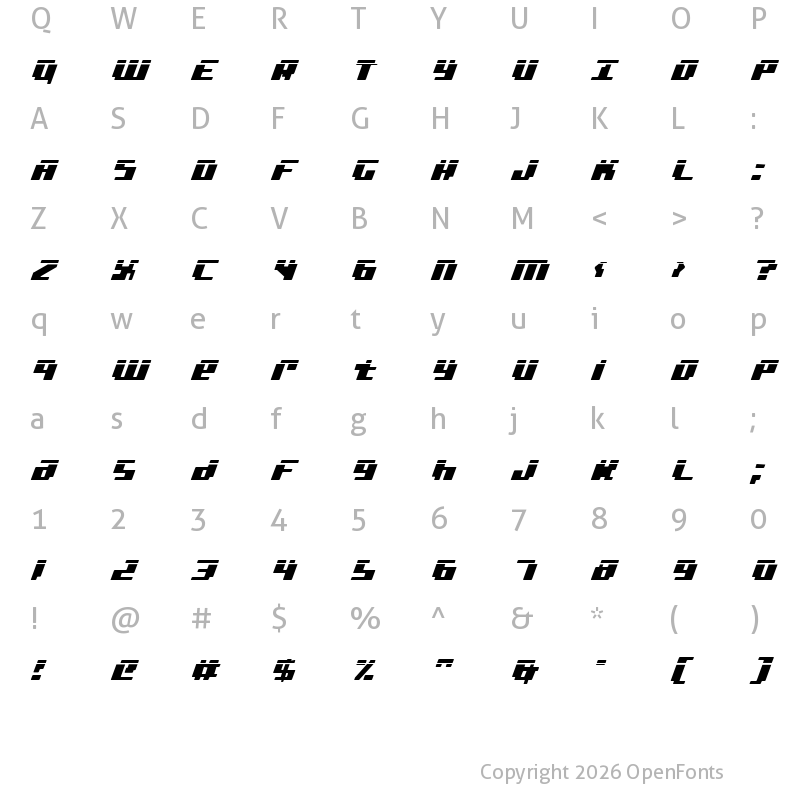 Character Map of bad robot italic laser Italic Laser