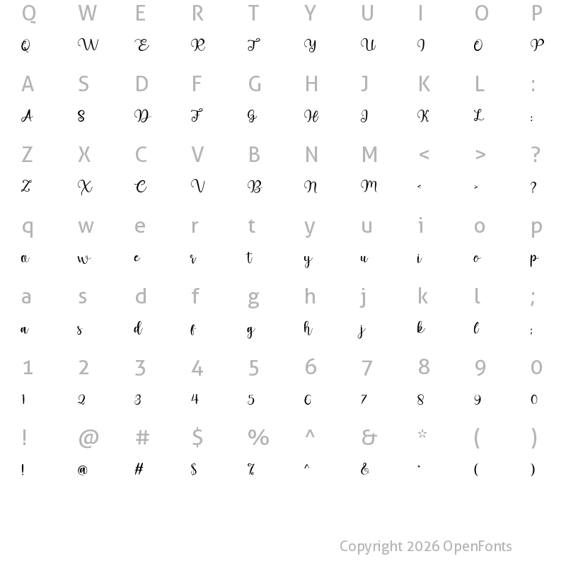 Character Map of Bakery Script Regular