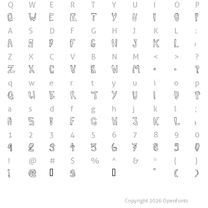 Character Map of Barbera Twisted Outline Regular