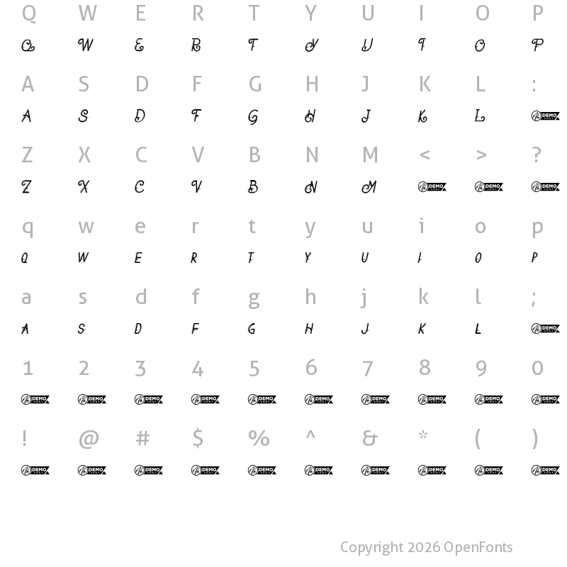 Character Map of Barheto Demo Italic