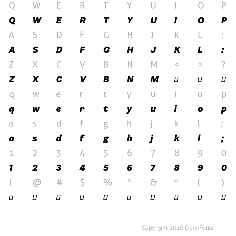 Character Map of Barnet Sans Heavy Italic
