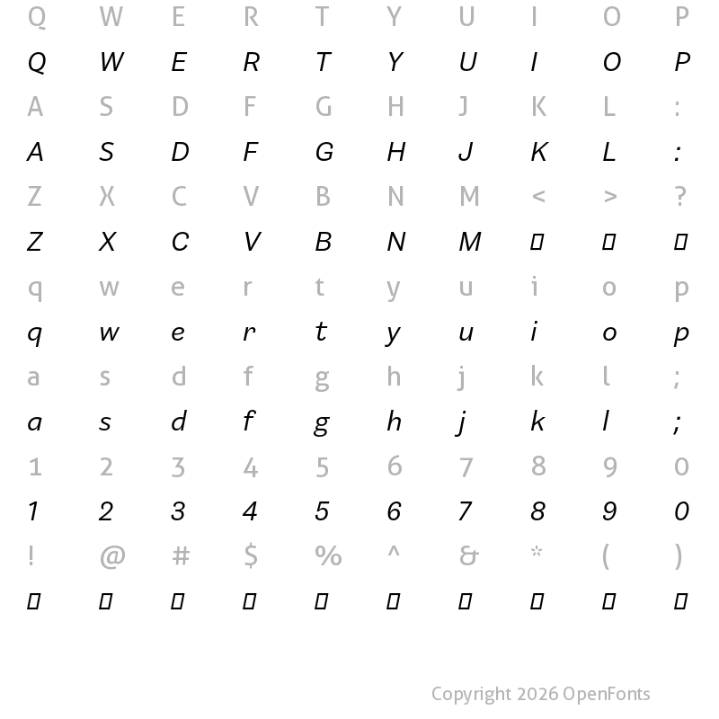 Character Map of Barnet Sans Italic
