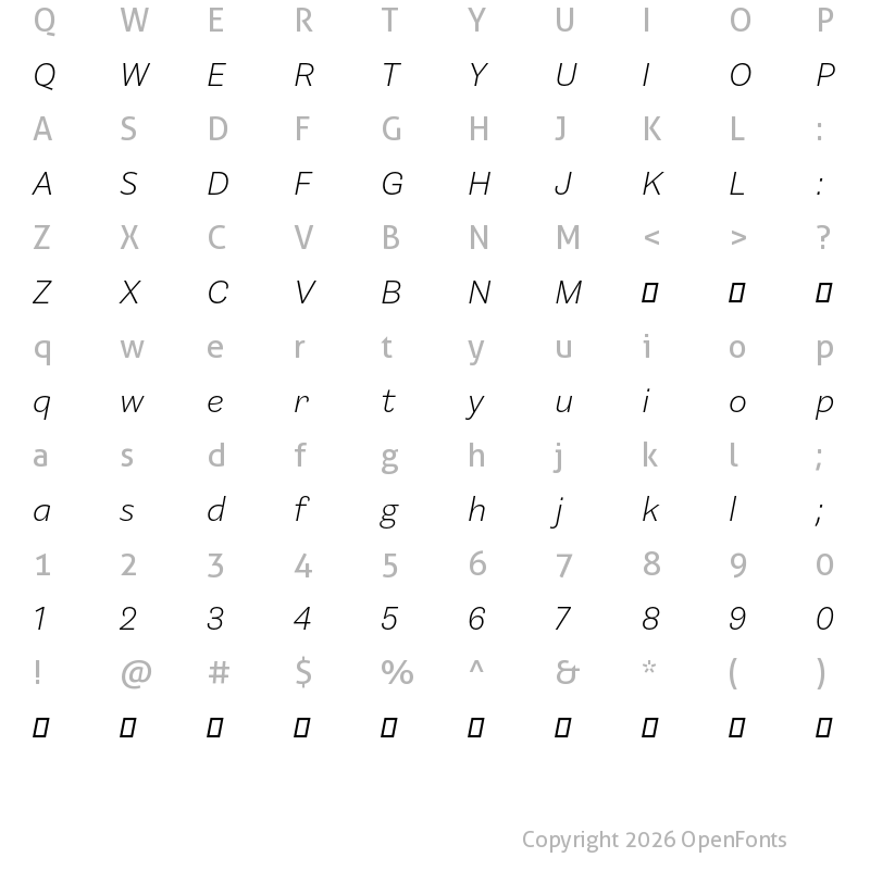 Character Map of Barnet Sans Light Italic