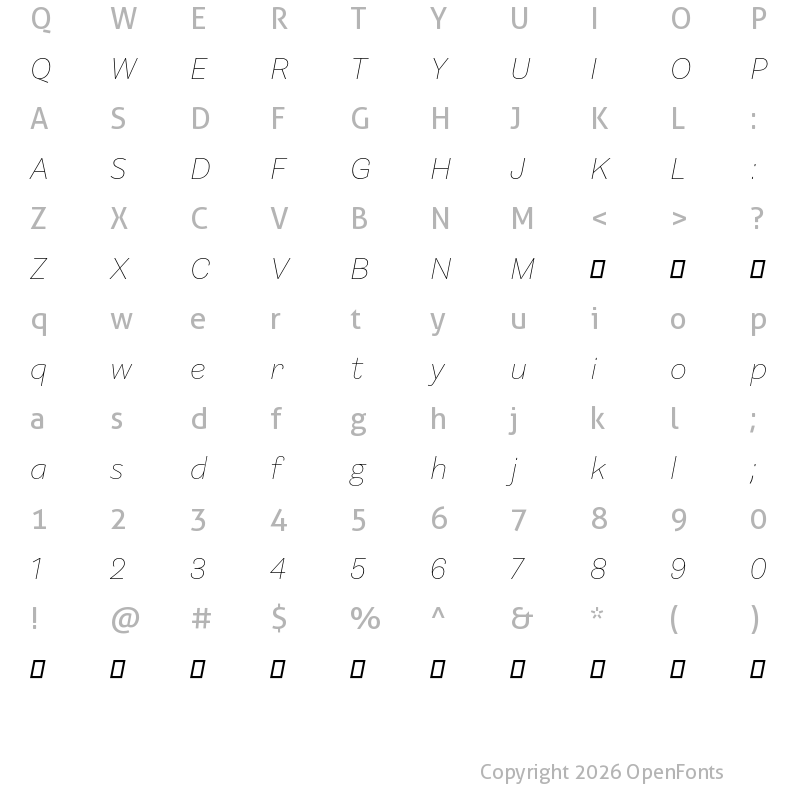Character Map of Barnet Sans Thin Italic