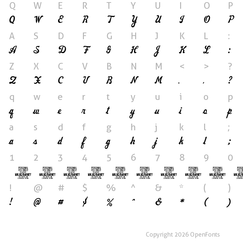 Character Map of Barney Script PERSONAL USE Regular