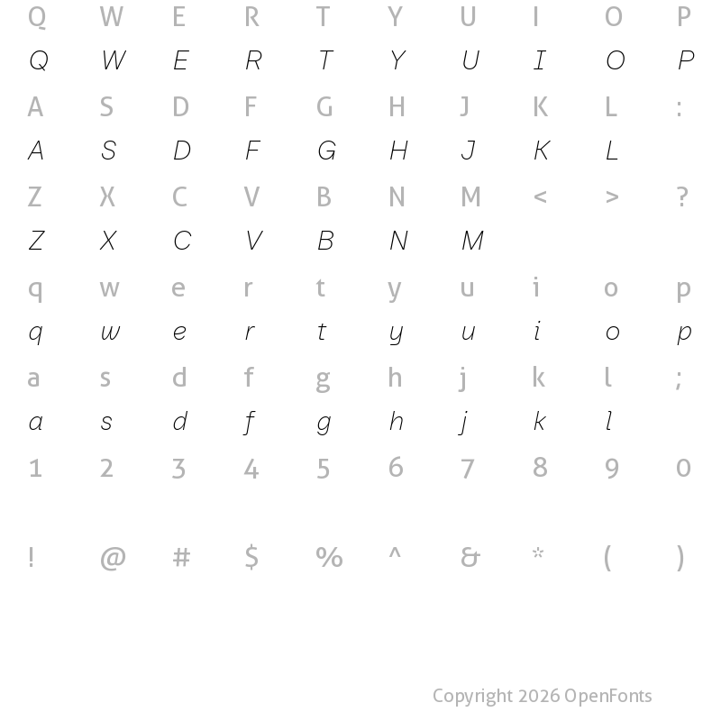 Character Map of Baru Sans Demo Thin Italic
