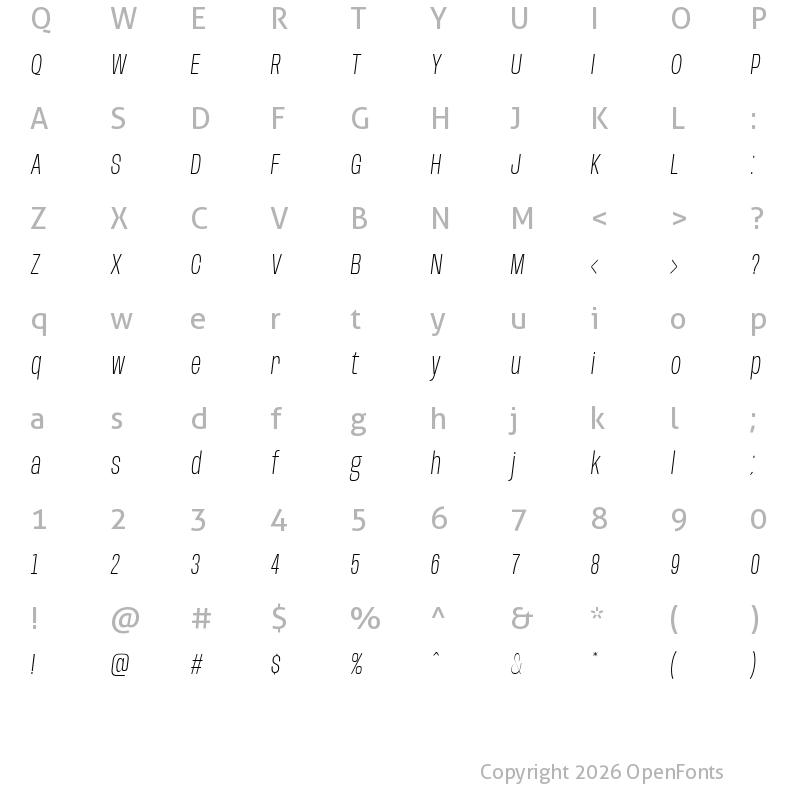 Character Map of Base Neue Condensed Extra Light Oblique