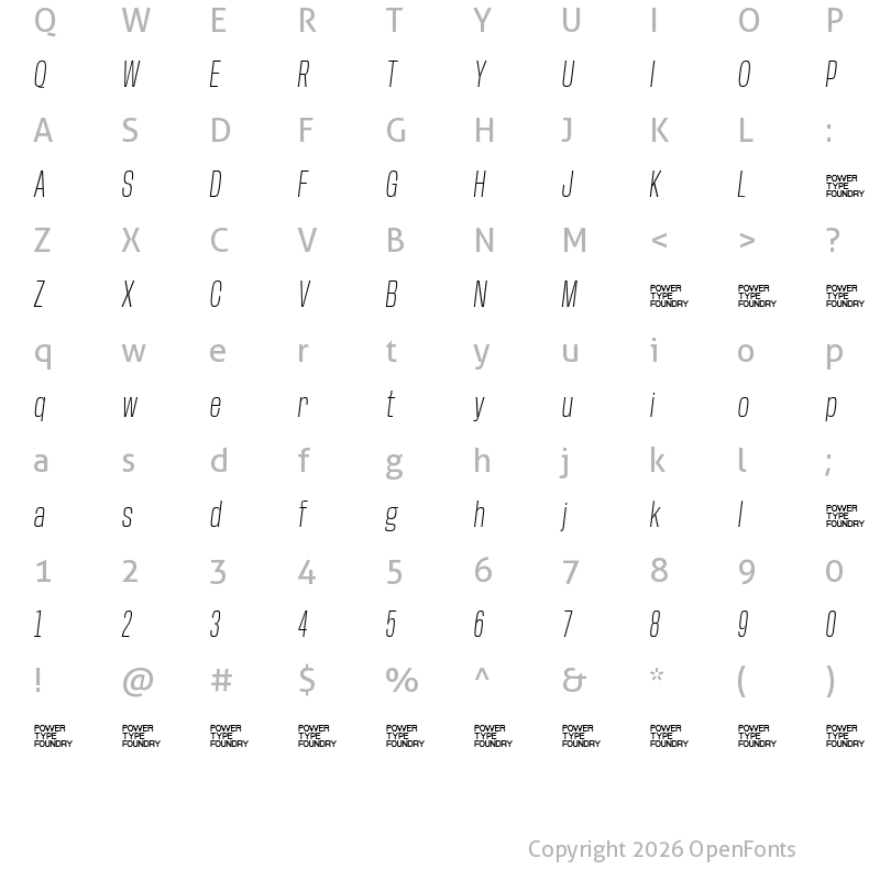 Character Map of Base Neue Trial Condensed Extra Light Oblique