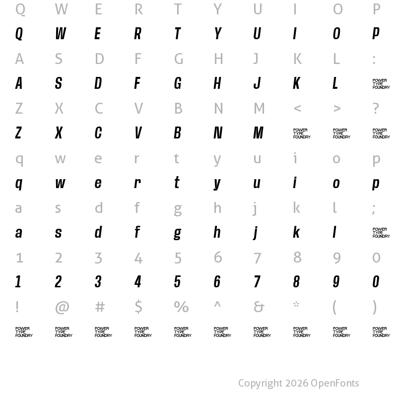 Character Map of Base Neue Trial Condensed Semi Bold Oblique