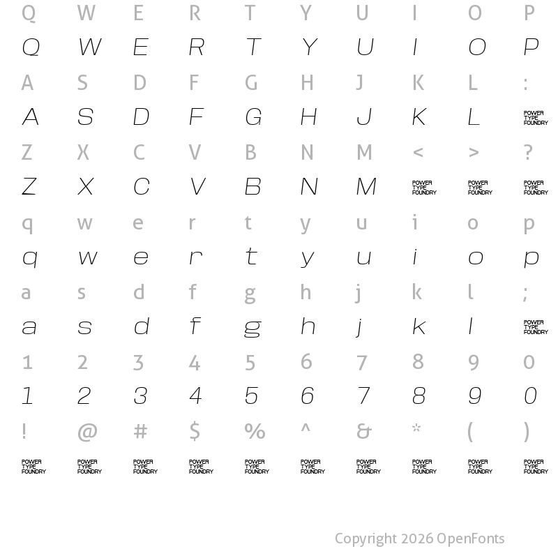 Character Map of Base Neue Trial Expanded Extra Light Oblique