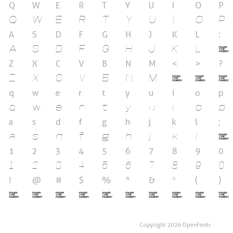 Character Map of Base Neue Trial Expanded Thin Oblique