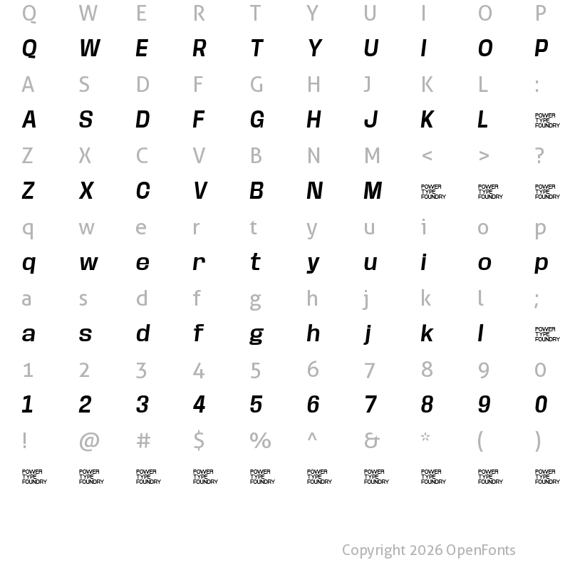 Character Map of Base Neue Trial Semi Bold Oblique
