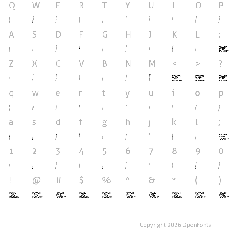 Character Map of Base Neue Trial Super Cond Thin Oblique