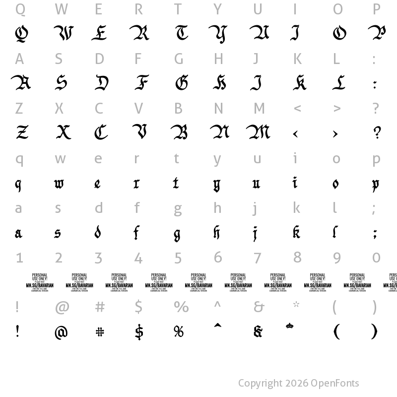 Character Map of Bavarian Crown Bold PERSONAL Bold