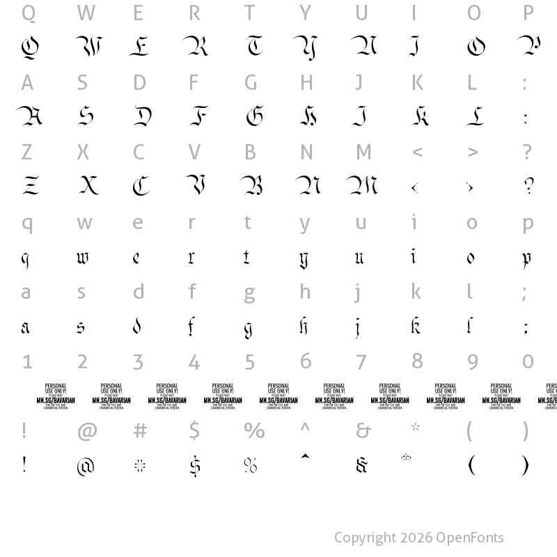 Character Map of Bavarian Crown Thin PERSONAL Thin
