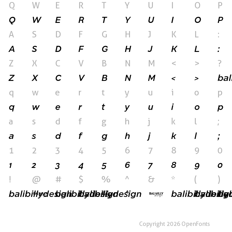 Character Map of BD Megatoya Demo Semi Bold Italic