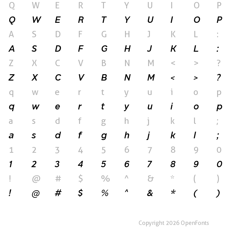 Character Map of BD Megatoya Semi Bold Italic
