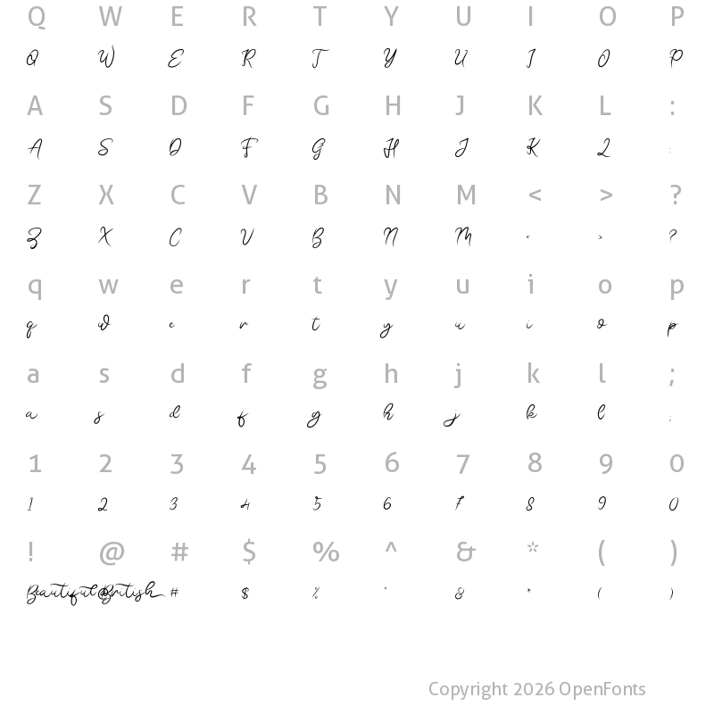 Character Map of BEAUTIFUL BRITISH DEMO Regular