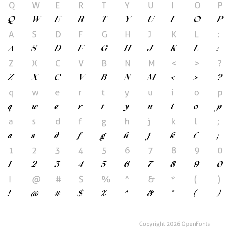 Character Map of Beautiful Comethrue Bold Italic