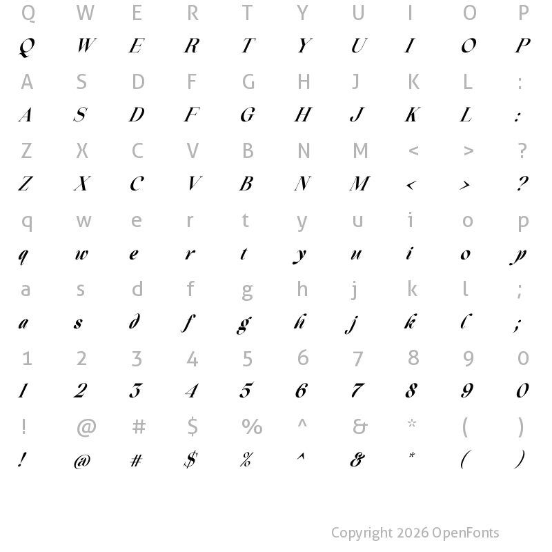 Character Map of Beautiful Comethrue Bold Ultra Condensed Italic