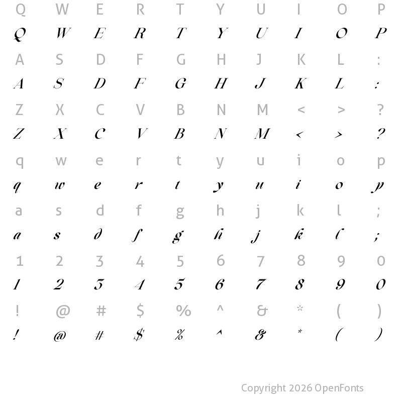 Character Map of Beautiful Comethrue Demi Bold Condensed Italic
