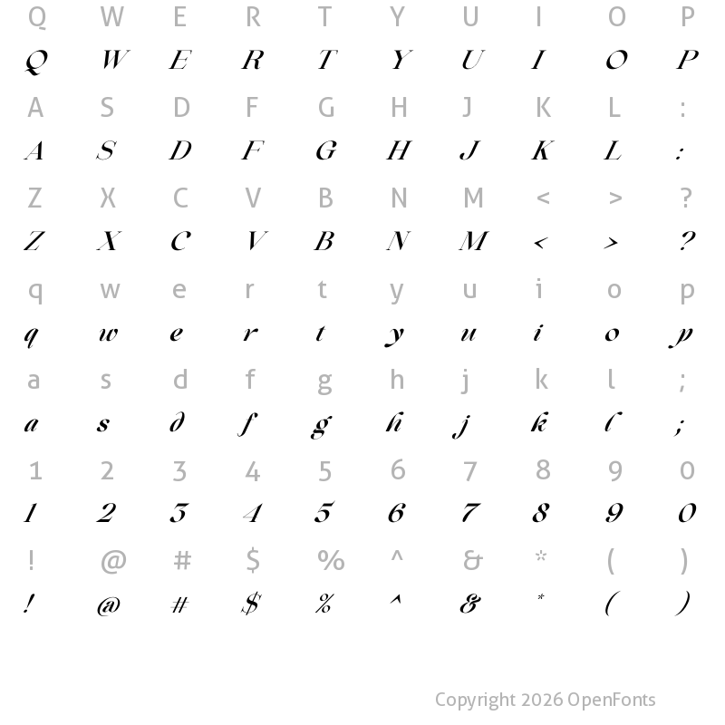 Character Map of Beautiful Comethrue Demi Bold Italic