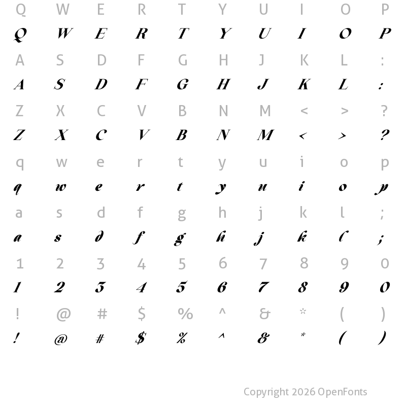 Character Map of Beautiful Comethrue Heavy Italic