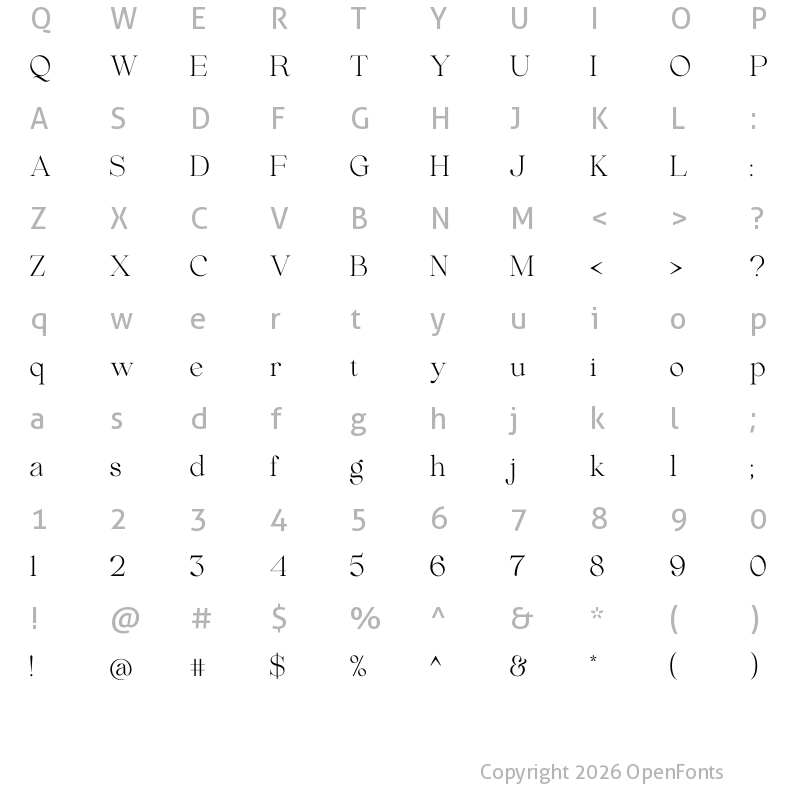 Character Map of Beautiful Comethrue Light Condensed