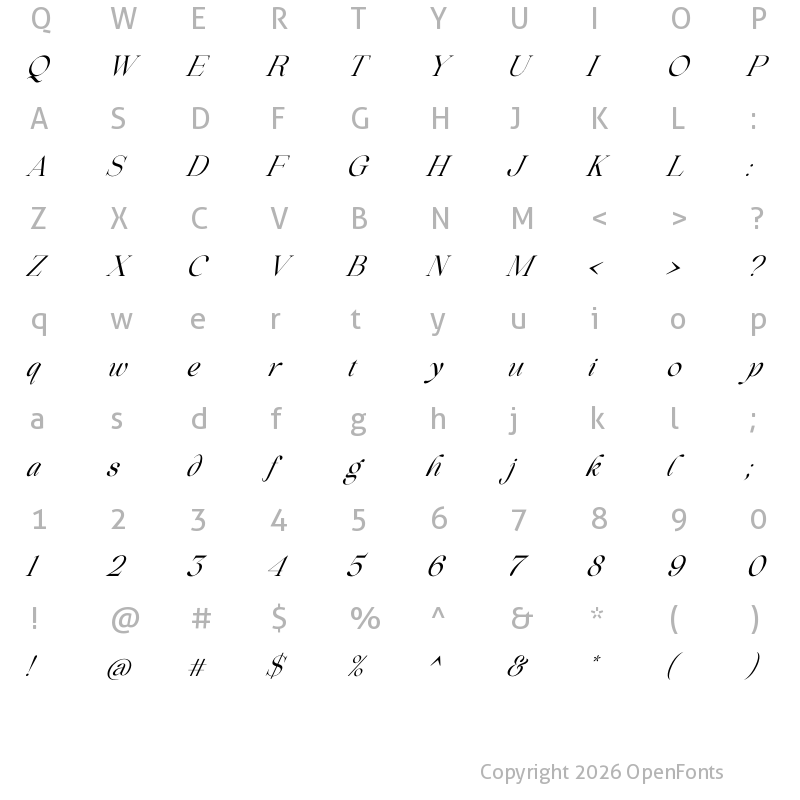 Character Map of Beautiful Comethrue Regular Ultra Condensed Italic