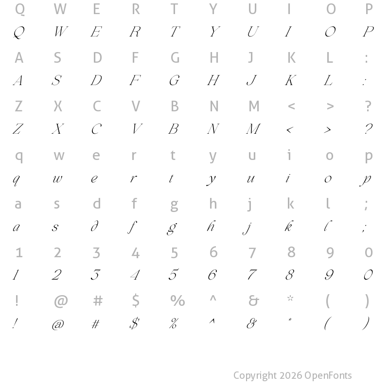 Character Map of Beautiful Comethrue Ultr Light Ultra Cond Italic