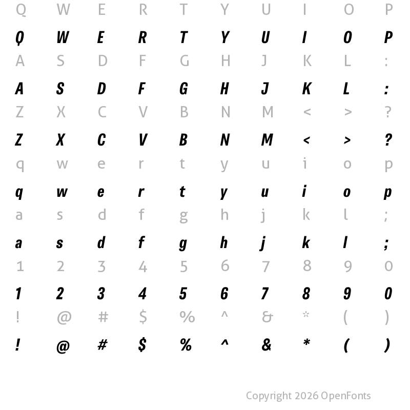 Character Map of Belarius Sans Narrow Bold Oblique