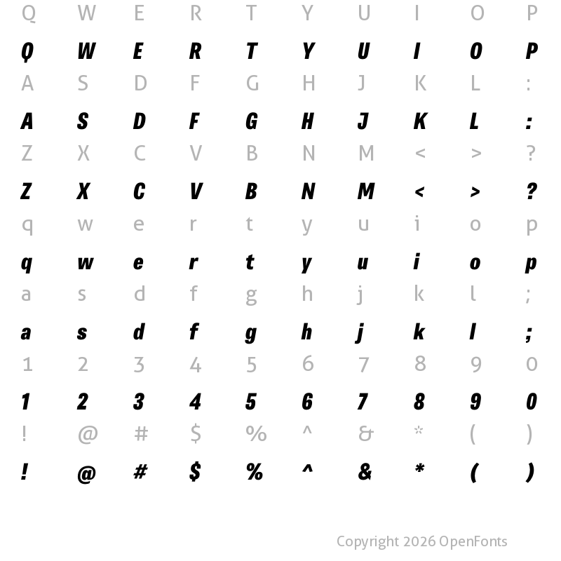 Character Map of Belarius Sans Narrow Extrabold Oblique