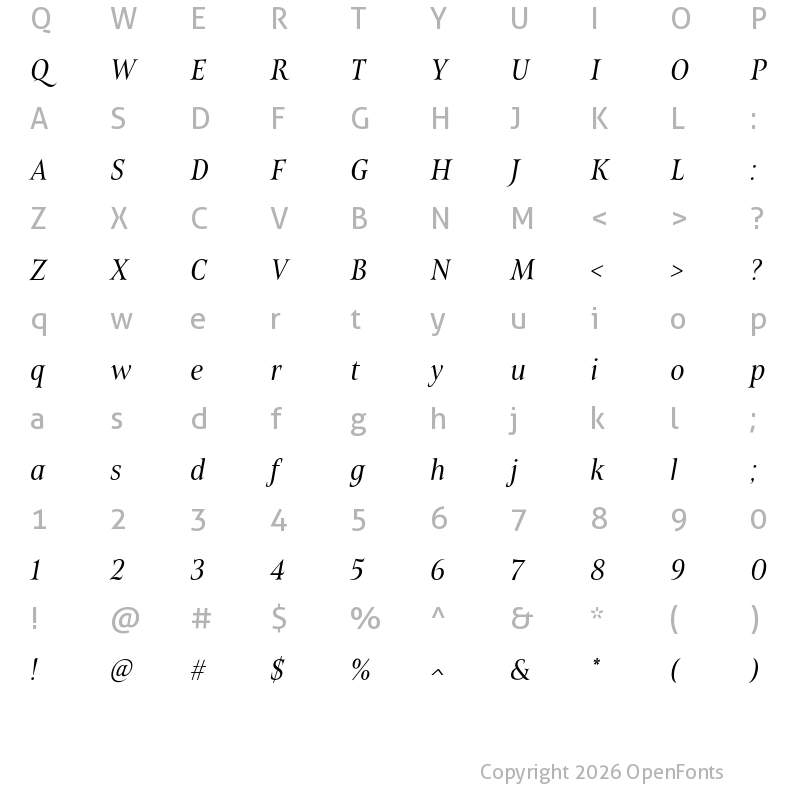 Character Map of Belda Cond Regular Italic