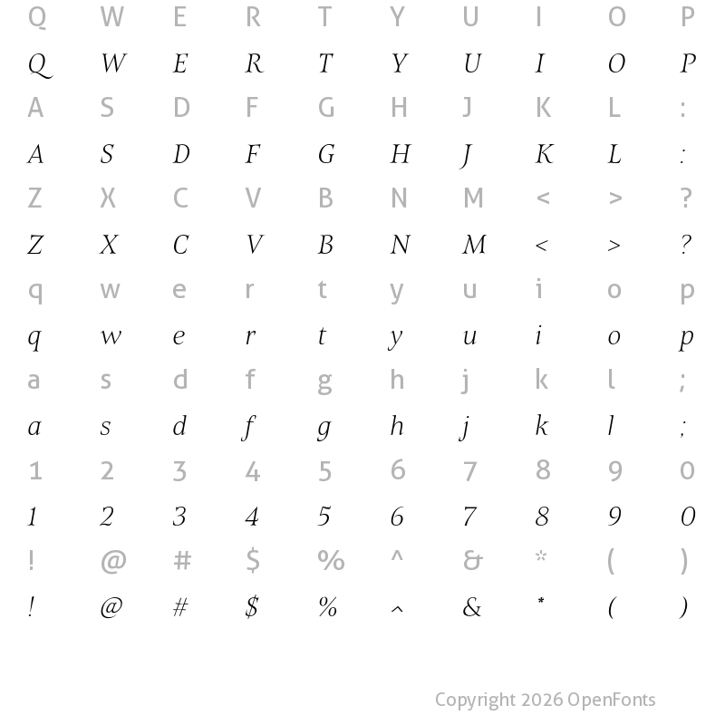Character Map of Belda Ext Thin Italic