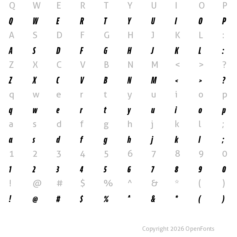 Character Map of Bernina Sans Compressed Extrabold Italic