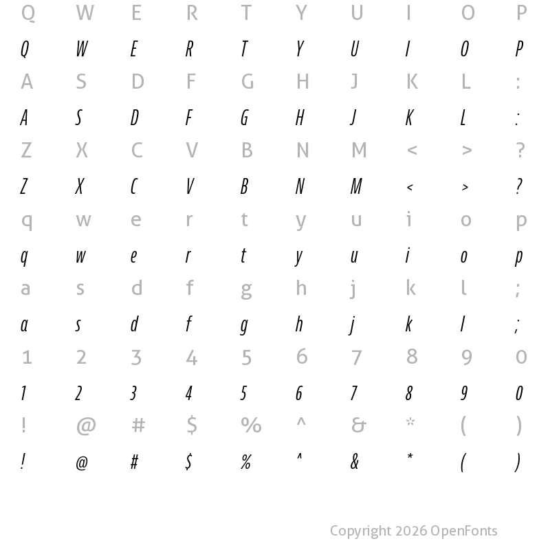 Character Map of Bernina Sans Compressed Regular Italic