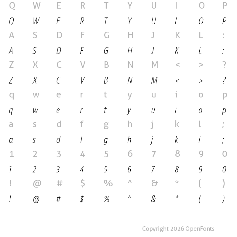 Character Map of Bernina Sans Condensed Light Italic
