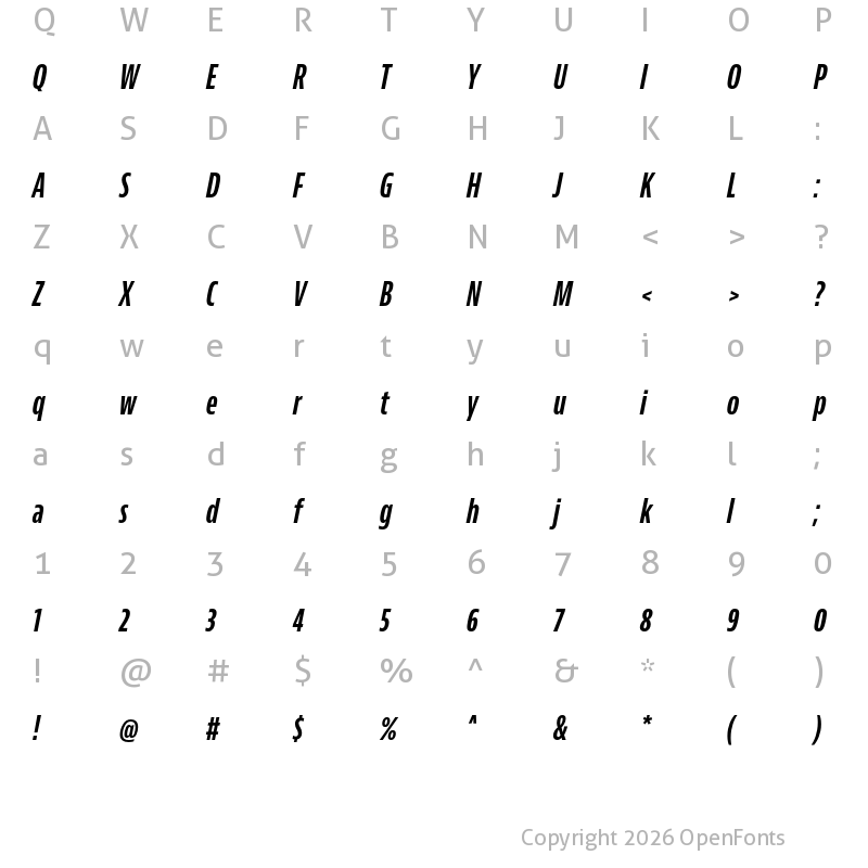 Character Map of Bernino Sans Compressed Bold Italic