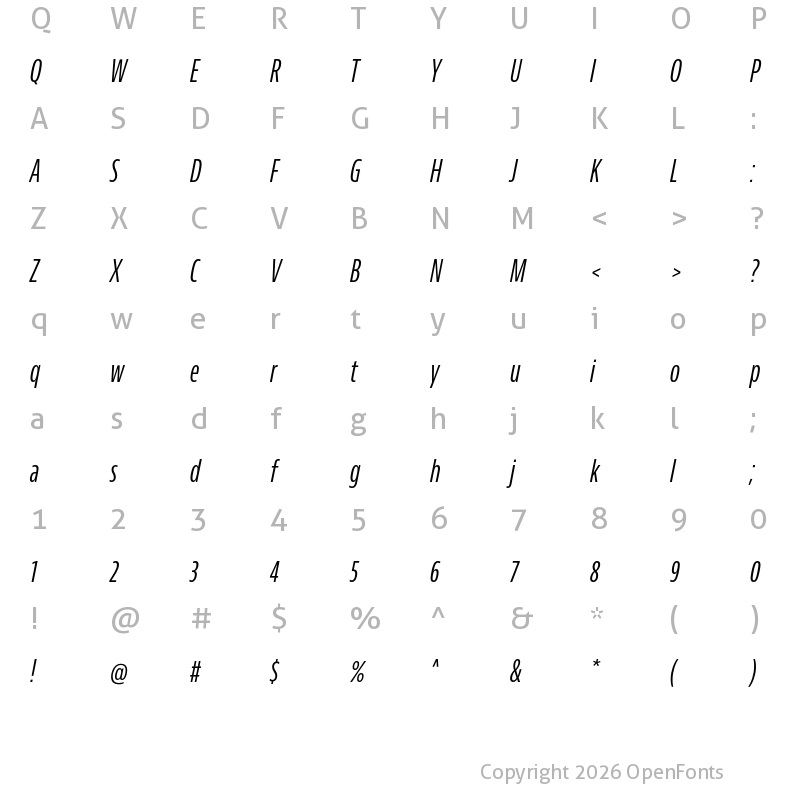 Character Map of Bernino Sans Compressed Regular Italic