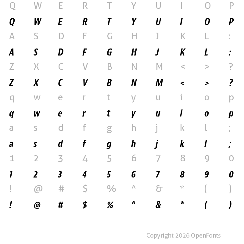 Character Map of Bernino Sans Condensed Bold Italic