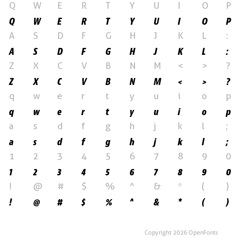 Character Map of Bernino Sans Condensed Extrabold Italic