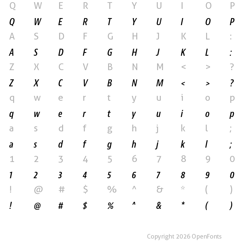 Character Map of Bernino Sans Condensed Semibold Italic