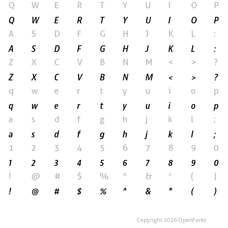 Character Map of Bernino Sans Narrow Semibold Italic